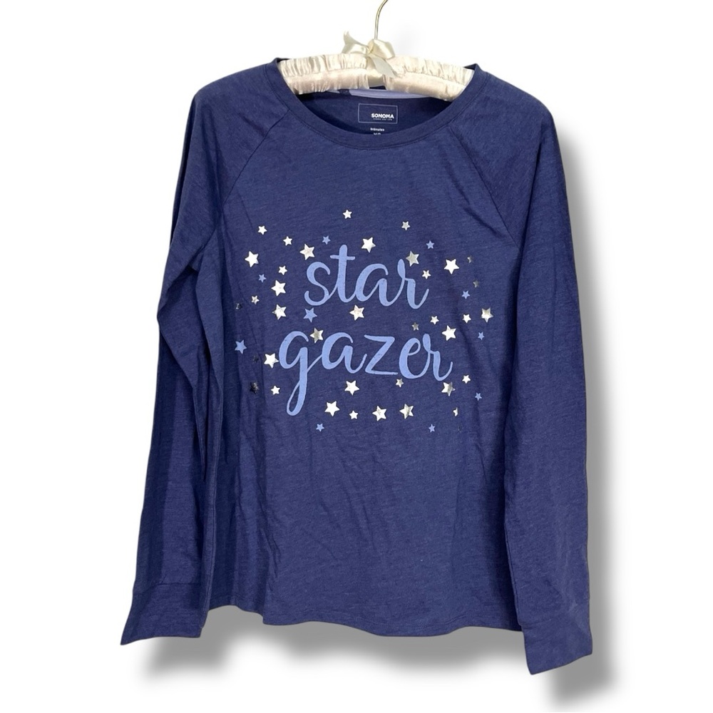 NEW Sonoma Blue Long Sleeve Shirt Pajamas Metallic Sleep Shirt Star Gazer Sz XS